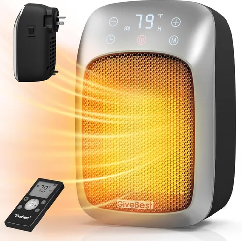 GiveBest - Calentador de pared enchufable con control remoto, calentador de tomacorriente pequeño de 800 W con termostato ajustable, función de