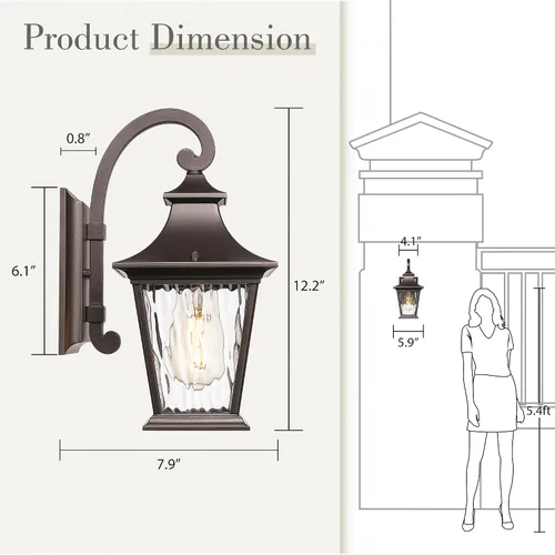 Miniatura 6 de Emliviar Lámpara de Pared de 12.2 Pulgadas con Vidrio de Ondas de Agua, 1 Luz de Patio Exterior para Casa, Aluminio Fundido a Presión en Acabado