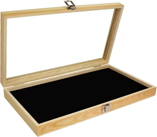 Alhajerocaja para almacenar cuentas con tapa de vidrio templado y terciopelo negro. Caja de muestra de medallas, premios, alhajas y cuchillos.