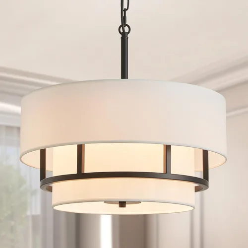 Miniatura 10 de Candelabro de Tambor de Tela Moderno, Lámpara Colgante para Sala de Estar, Dormitorio, Comedor, D18 x 16-54 pulgadas (Altura Ajustable), Marco