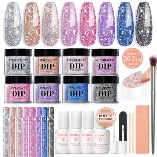 Miniatura 11 de AzureBeauty Kit de iniciación de polvo de uñas de inmersión, gris arce, verde salvia, verde oscuro, juego de 8 colores con palitos de uñas, base