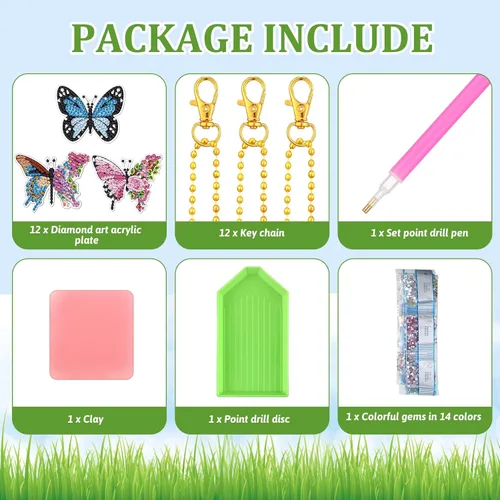 Miniatura 4 de BBTO Kit de 12 llaveros de arte de diamantes de mariposa 5D DIY pintura de diamantes, colgantes de mariposas colgantes para adultos principiantes