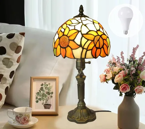 Miniatura 7 de BMXKPO Lámpara de mesa estilo Tiffany, lámpara de vidrio emplomado de girasol, pequeña lámpara de noche antigua de 6 pulgadas, para dormitorio, sala