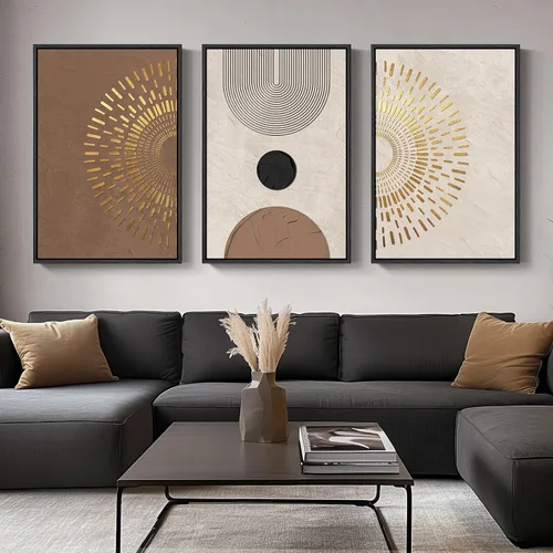 Miniatura 14 de Arte de pared abstracto neutro con marco grande para sala de estar, 3 piezas, impresiones modernas en lienzo para paredes, cuadros negros y beige