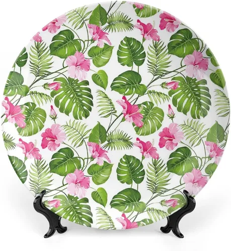 XISUNYA Plato decorativo de 6 pulgadas, plato llano de hojas, hibisco hawaiano, cristal rosa, flor de palmera, estampado de hojas de palmera, adorno
