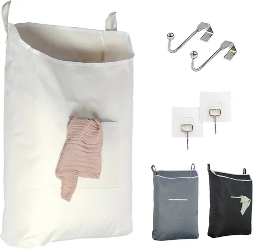 The Fine Living Co. - Cesto colgante para ropa sucia con ganchos para la puerta y adhesivo, bolsa de lavandería duradera que ahorra espacio con