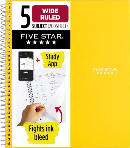 Miniatura 7 de Five Star Cuaderno de espiral + aplicación de estudio, 5 materias, papel a rayas anchas, 8 x 10-1/2 pulgadas, 200 hojas, lucha contra el sangrado