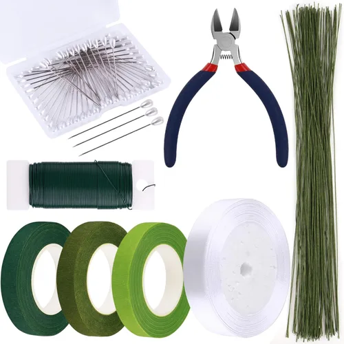 GLAMFIELDS Cinta Floral y Alambre Floral, Kit de Arreglos Florales con Cinta Floral Verde para Ramos, Alfiler de Boutonniere, Cinta Blanca, Cortador