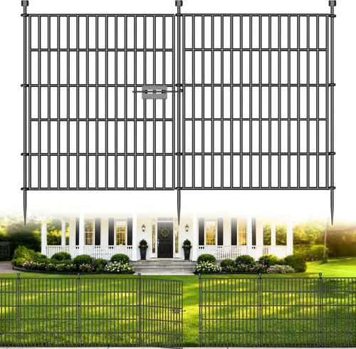 Valla decorativa de jardín sin necesidad de excavar con puerta, 5 paneles de 32 pulgadas (alto) x 11.8 pies (largo), barrera metálica a prueba de