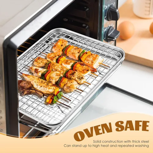Miniatura 4 de E-far - Juego de bandejas para hornear para horno tostador, bandeja pequeña de acero inoxidable de 10.5 x 8.3 pulgadas con rejilla de alambre