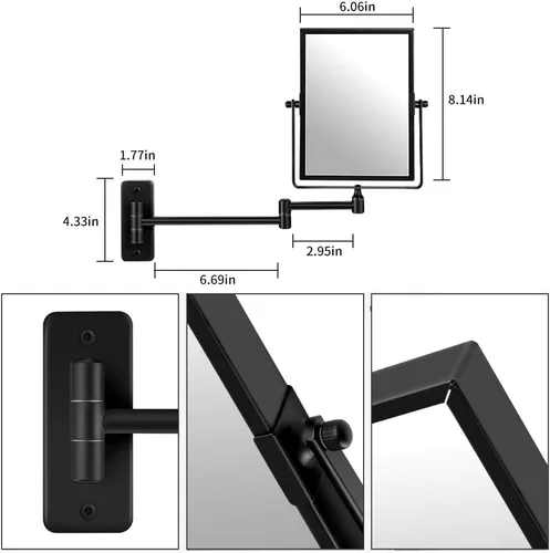 Miniatura 6 de QiMH Espejo de pared con aumento 3X, rectangular de 8 x 6 pulgadas con brazo extensible Espejo giratorio de doble cara para afeitado y tocador