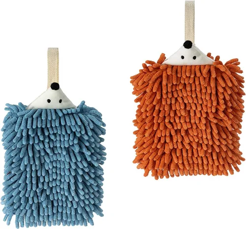 Paquete de 2 toallas de mano de chenilla de animales lindos, toalla de mano con lazo de bola mullida, toallas de mano colgantes para baño, cocina