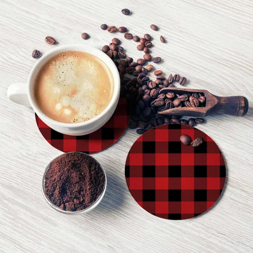 Miniatura 5 de Juego de 2 posavasos con diseño de cuadros para bebidas, diseño clásico de búfalo negro y rojo, protección de mesa de cocina y mesa auxiliar, juego