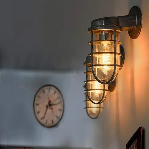 Miniatura 2 de WJJHERRH Creative Wrought Iron Glass Wall Lamp Retro Metal Cage Industrial Style Nautical for Bar Bedroom (Silver)