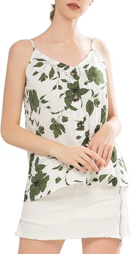 Strappy Tank-Tops for Womens Floral-Prints Button-Down V-Neck Sexy Sleeveless-Blouses Casual Cami-Shirts