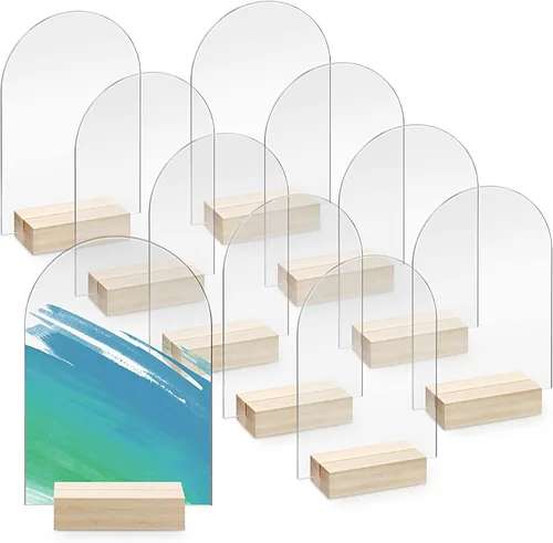 Bercoor Paquete de 10 carteles acrílicos de arco transparente en blanco de 4 x 6 pulgadas con soportes de madera, hoja acrílica arqueada, números de