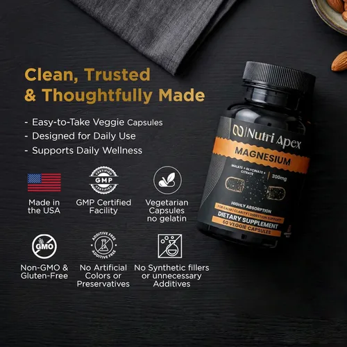 Miniatura 9 de Complejo de magnesio de 300 mg – Malato, glicinato y citrato – 60 cápsulas vegetales Relajación muscular, sueño, energía, estado de ánimo y apoyo
