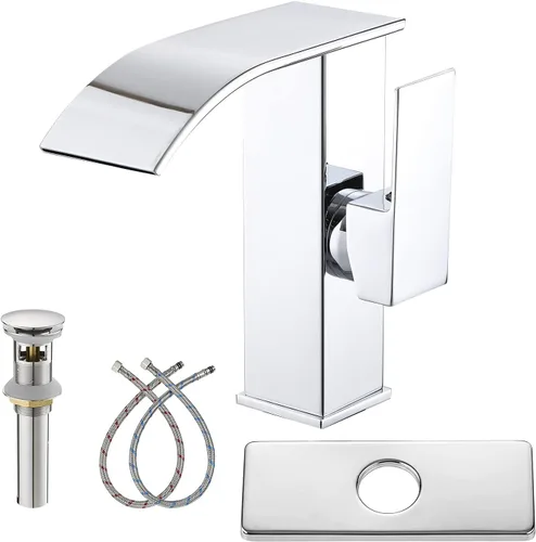 Grifo cromado de baño con una sola manija de 1 agujero, lavabo de lavabo cascada con desbordamiento, desbordamiento, desagüe emergente, montaje en