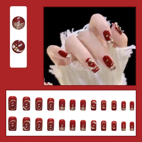 Miniatura 4 de Uñas postizas cuadradas de longitud media, uñas postizas acrílicas artificiales con diseños de diamantes de imitación de perlas rojas, juego de 24