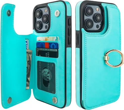 Miniatura 16 de ONETOP Funda tipo cartera para iPhone 15 Pro Max con soporte para tarjetas, anillo de rotación de 360°, función atril, bloqueo RFID, piel sintética