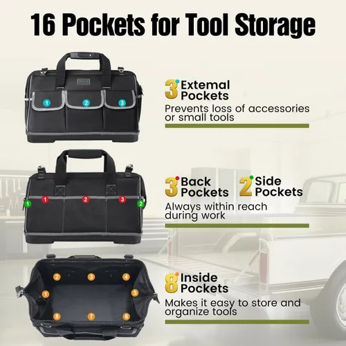 Miniatura 3 de Bolsa de herramientas de boca ancha de 17 pulgadas con parte inferior suave impermeable, organizador de bolsa de herramientas con múltiples
