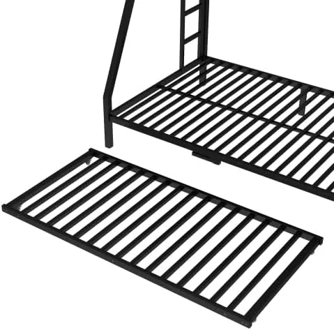 Miniatura 7 de Litera de metal con cama nido, marco de litera individual sobre matrimonial con 2 escaleras laterales y patas más gruesas, color negro