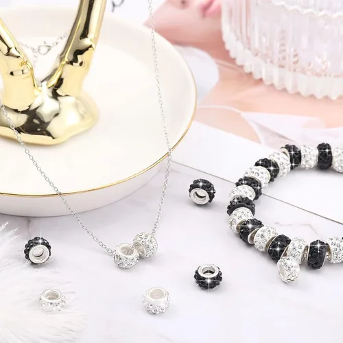 Miniatura 2 de Hicarer 200 cuentas europeas de diamantes de imitación de 0.394 pulgadas (0.433 in), cuentas espaciadoras de agujeros grandes para bricolaje blanco