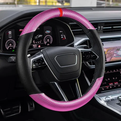 Miniatura 11 de Funda para volante de automóvil, accesorios para volante, cuero de microfibra de 15 pulgadas, fibra de carbono, suave, antideslizante, transpirable