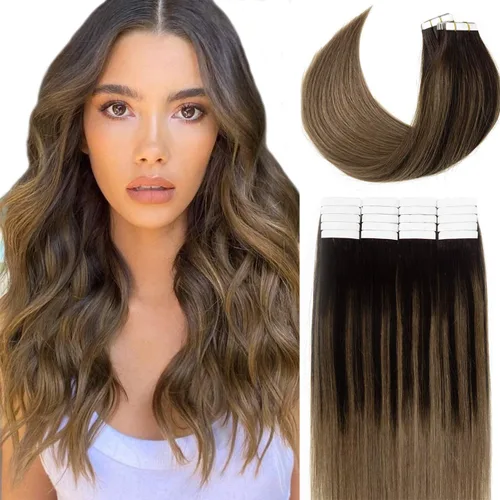 Miniatura 28 de Lacer Extensiones de cabello humano con cinta, cabello humano castaño mezclado con marrón oscuro con raíces de color marrón oscuro, invisible