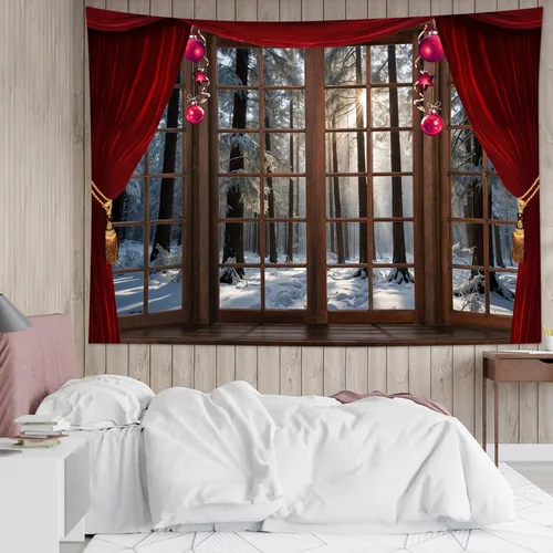 Miniatura 19 de LB Tapiz de Navidad de invierno, ventana de invierno exterior, pino nevado en bosque, tapiz de pared para dormitorio, paisaje de montaña, arte