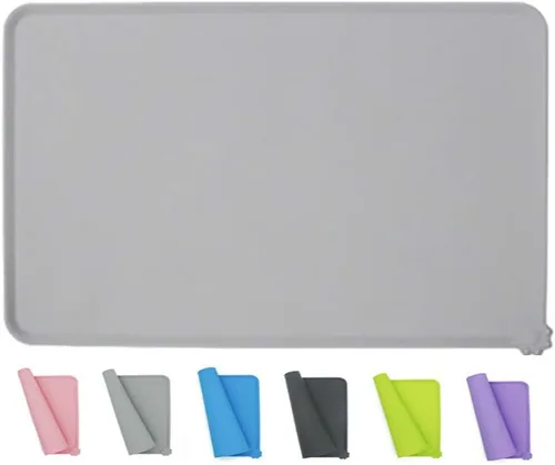 LSilicone - Tapete de alimentación para mascotas, impermeable, para perros y gatos, bordes elevados para evitar derrames, bandeja individual Gris