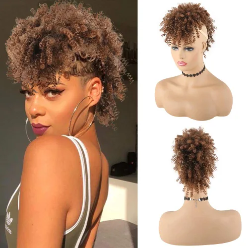 Miniatura 8 de KRSI Cola de caballo de pelo alto afro con flequillo, moño sintético rizado Mohawk Kinkys rizado cola de caballo con clip en colas de caballo