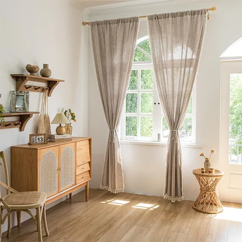 Miniatura 7 de Setaback - Cortinas bohemias de lino para sala de estar, 84 pulgadas de largo, 2 paneles con borlas, estilo campestre bohemio, bolsillo para Gris