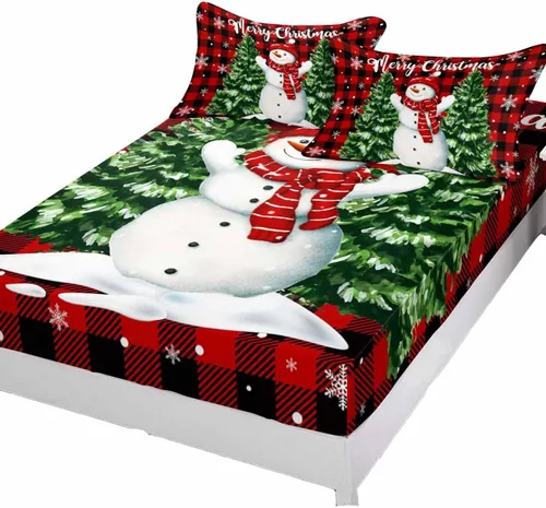 Miniatura 7 de Juego de sábanas con diseño de muñeco de nieve y árbol navideño para cama tamaño queen, 3 piezas - Sábanas con bolsillo profundo que se ajustan a