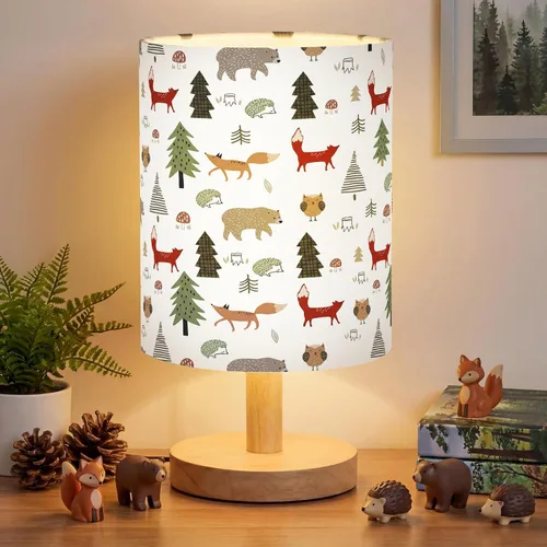 VIHOSE Lámpara de mesa infantil para dormitorio, lámpara de noche para niños con mesita de noche de madera de lino, pantalla de dibujos animados