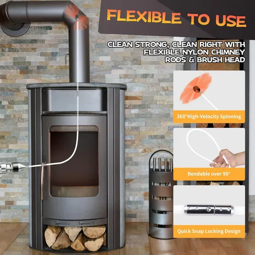 Miniatura 4 de Kit de limpieza de chimenea de 16 pies, kit de limpieza de chimenea con 5 varillas de chimenea flexibles, sistema de limpieza de chimenea giratorio