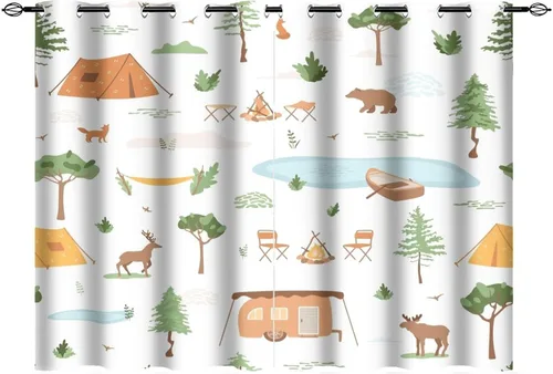 Miniatura 36 de Cortinas abstractas con estampado de cámper de caricaturas, divertido tema de aventura, campamento, montañas, vida silvestre, oso, tratamiento