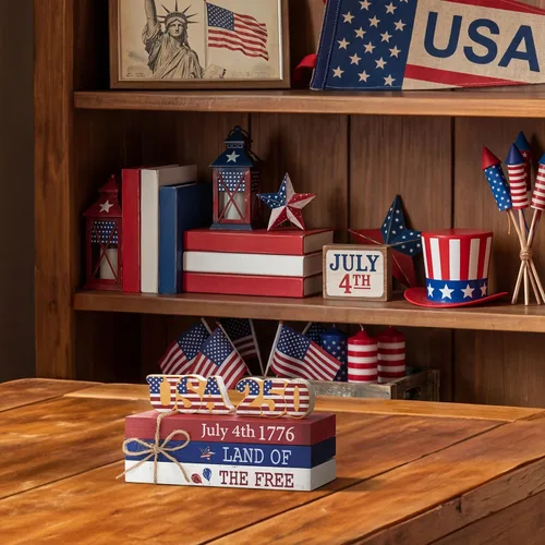 Miniatura 5 de Smile 4 de julio 250th Anniversary - Bloque de madera con decoración de Estados Unidos, 5 piezas "Land of the Free", bandeja patriótica escalonada
