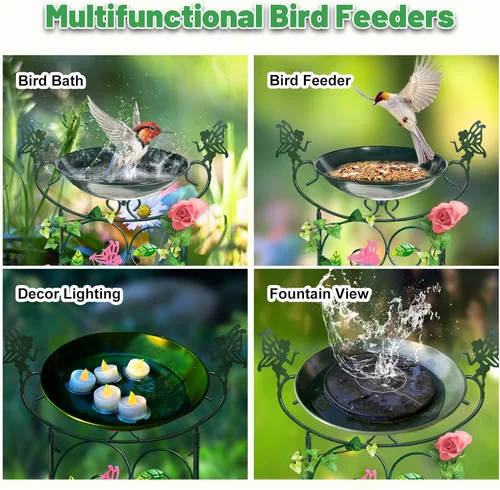Miniatura 7 de HONGLAND Baño de metal para pájaros de 36.5 pulgadas con enrejado, baño para pájaros de jardín al aire libre con cuenco desmontable y soporte