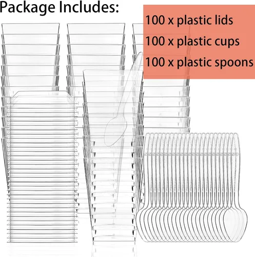 Miniatura 6 de Hiasobre Paquete de 100 vasos de plástico de 5 onzas para postre con tapas y cucharas, tazas reutilizables de parfait transparente, vasos cuadrados