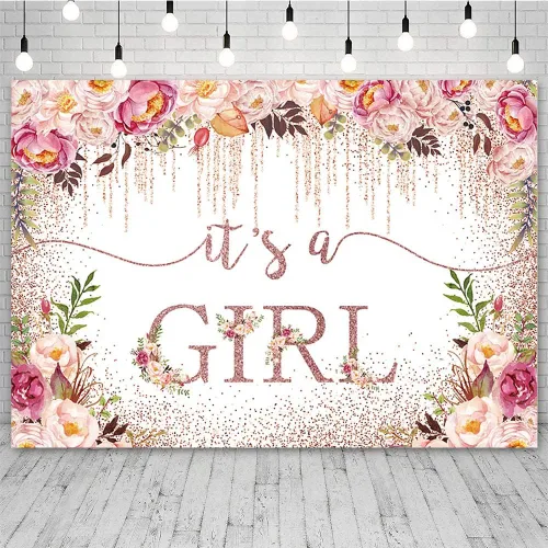 Miniatura 2 de Sendy Telón de fondo de baby shower de oro rosa de 7 x 5 pies para niñas, con texto en inglés "It's a Girl", fondo de fotografía para baby shower