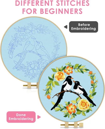 Miniatura 3 de TINDTOP Kit de Bordado para Principiantes Adultos, Kit de Bordado de Pájaros para Principiantes, Incluye Tela de Bordado Aros Hilos para Amantes