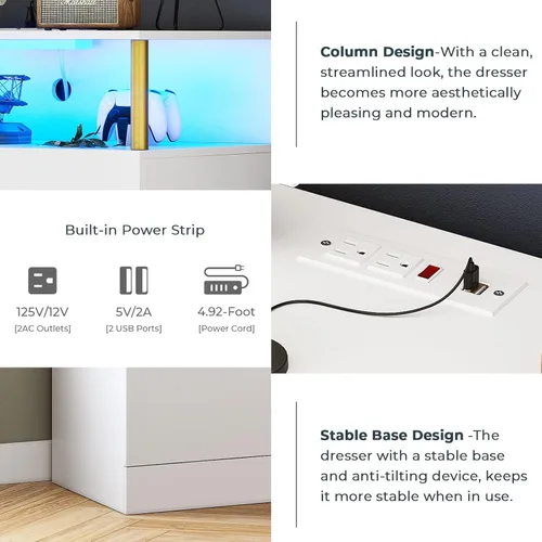 Miniatura 4 de AOGLLATI Cómoda blanca para dormitorio con diseño de columna, cómoda de 4 cajones con estación de carga, cómoda moderna led alta para dormitorio