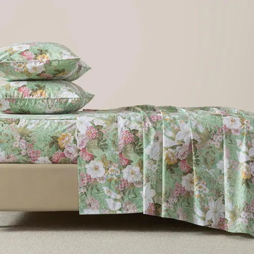 FADFAY Juego de sábanas tamaño King, 100% algodón, elegante ropa de cama de granja con hojas verdes menta y flores blancas, sábana suave con patrón
