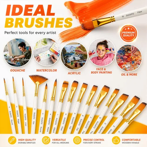 Miniatura 4 de DUGATO Juego de 15 pinceles para pintura artística con estuche emergente, cuchillo de paleta y esponjas, pelo de nailon para pintura acrílica, óleo