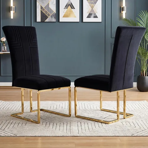 Miniatura 18 de AUZ Juego de 6 sillas de comedor negras y doradas, sillas tapizadas de terciopelo negro con patas de trineo de acero inoxidable pulido, sillas