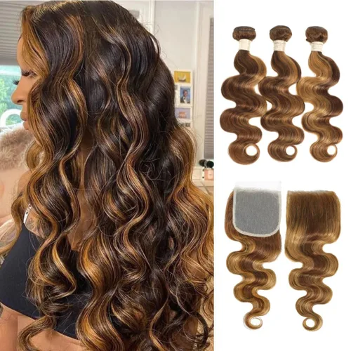 Miniatura 18 de ALHER Long Deep Part 2x6 Closure Body Wave Honey Blonde Highlight, Ombre Brown and Blond 2x6 Kim K Transparent HD Lace Closure Pre Plucked With Baby