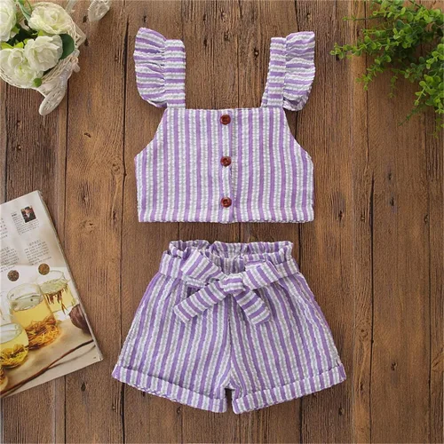 Miniatura 3 de Niño Niños Bebé Niña Rayas Volantes Sin Mangas Chaleco Top Bowknow Pantalones Cortos Conjunto Ropa de Verano