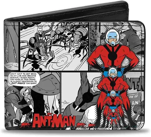 Buckle-Down Billetera plegable de PU para hombre ANT-Man PoseEscena cómica GrisesNegroBlancoRojo, Multicolor, 4.0" x 3.5", Varios colores,