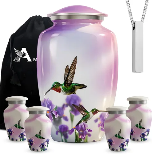 Miniatura 14 de Juego de 6 urnas funerarias decorativas de colibrí para cenizas de adultos hombres y mujeres, incluye 1 urna grande con 4 urnas conmemorativas